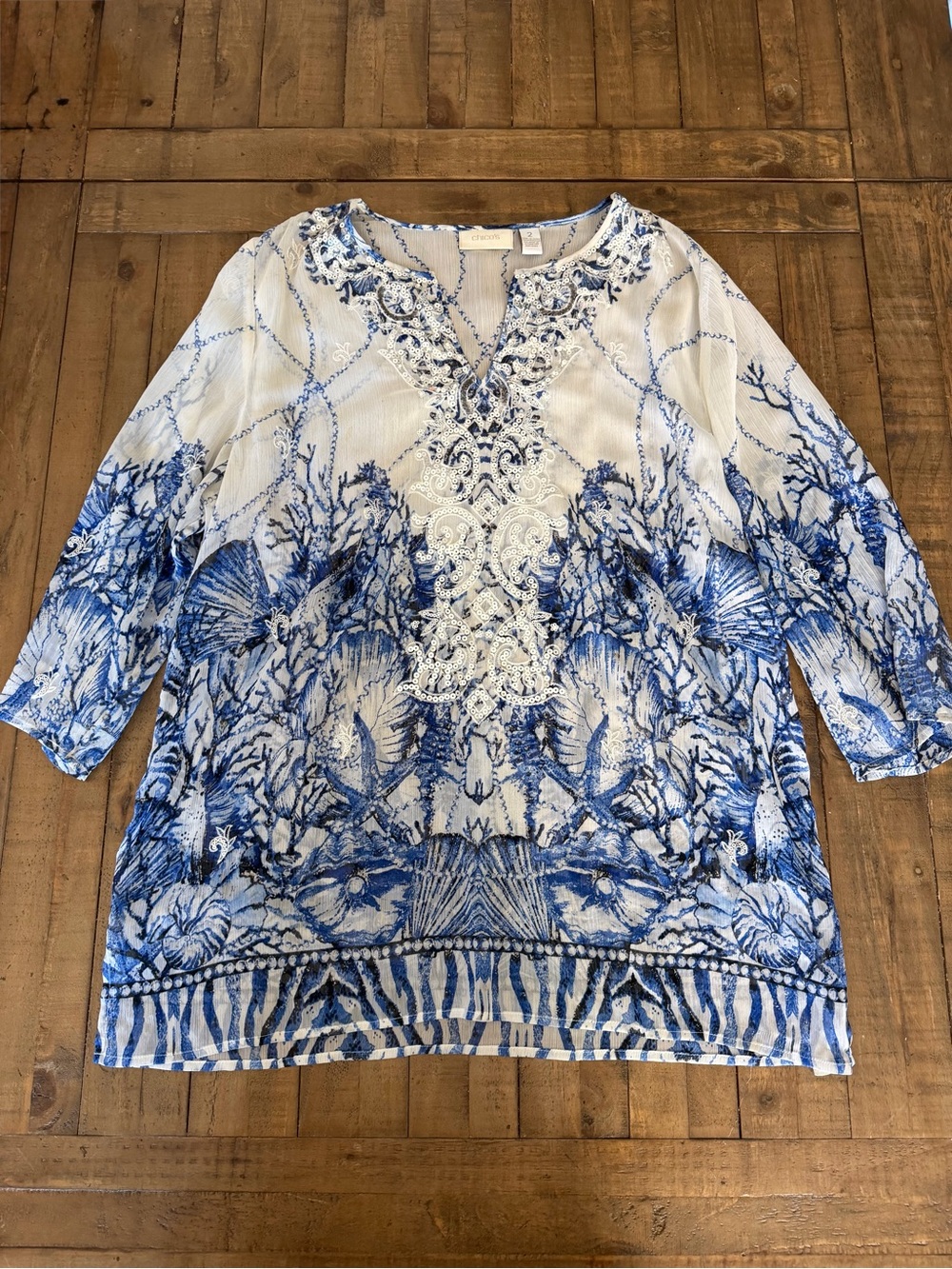 Chico's Blue & White Embroidered V-Neck Tunic